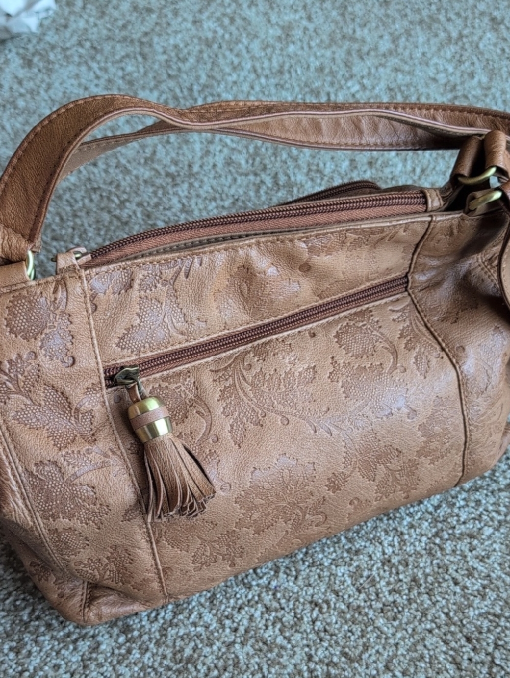 Textured Tan Shoulder Bag with Tassel Accent